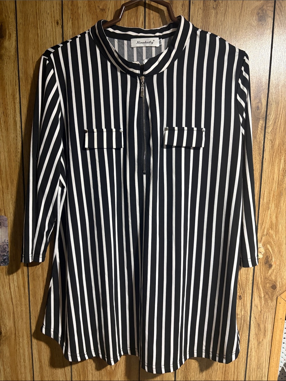 Ninedaily Black & White Striped Half Zip-Front Women's Long Top